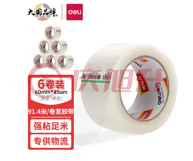 得力(deli)30333透明封箱胶带 60mm*100y*45μm(91.4m/卷) 6卷装 SKU：QXS00221