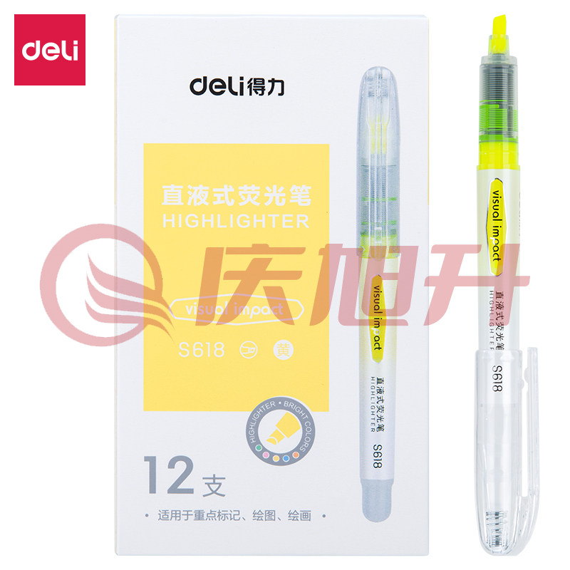 得力S618直液式荧光笔(黄) SKU：QXS00216