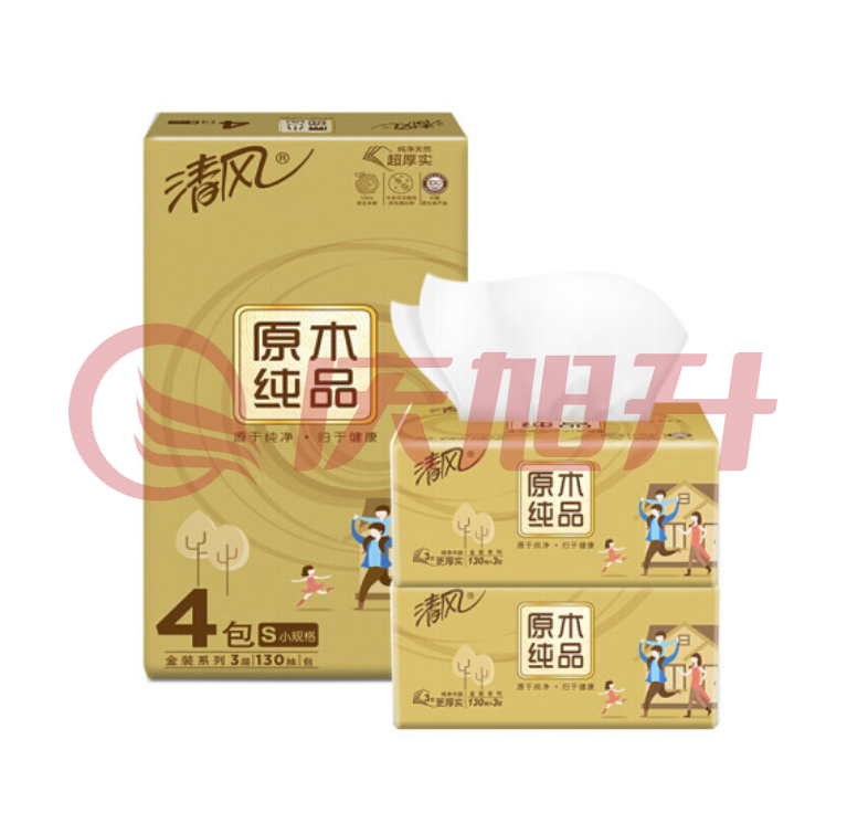 清风抽纸 原木纯品金装系列 3层130抽*6包 6包/提 一提价 SKU：QXS07053