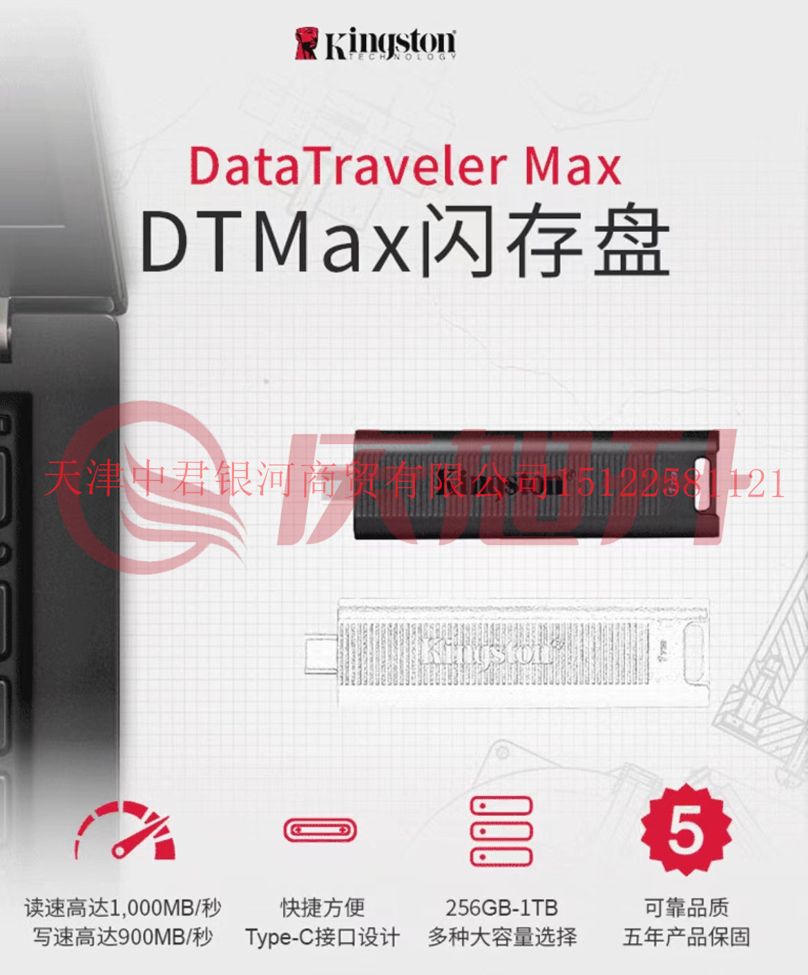 金士顿(Kingston)256G 极速固态U盘 DTMAX Type-C 手机U盘 读速高达1000MB/s 写900MB/s SKU：QXS13741