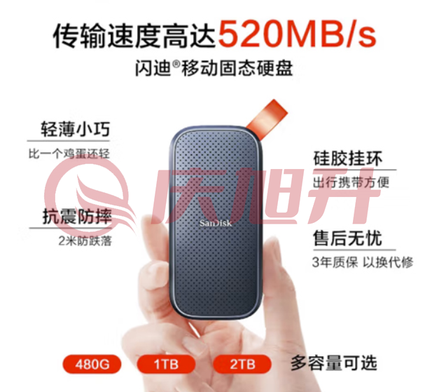 闪迪480GB Type-c USB3.2移动固态硬盘(PSSD)E30高速移动ssd 传输速度520MB/s轻薄便携 2米防摔 SKU：QXS13841