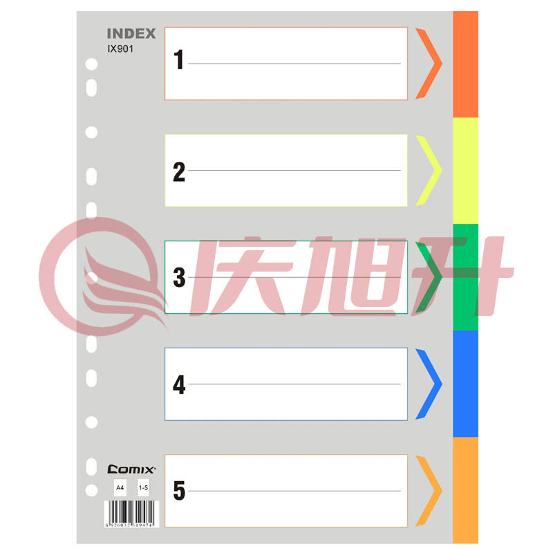 齐心 IX901 易分类 五色索引纸 A4 11孔 PP(颜色随机) SKU：QXS14259